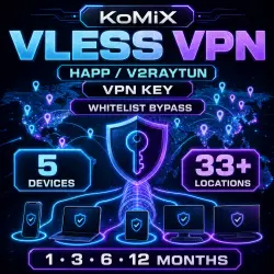 Vless Happ / v2RayTun VPN Key / Whitelist Bypass / 5 Devices / 33+ Locations 1/3/6/12 Months