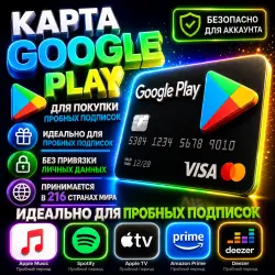 Карта для пробных подписок Google Play | 216 стран принимают
