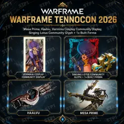 4/4 TennoCon 2026 Mesa Prime,Haalvu Sentient Minigun,Singing Lotus + Forma,Verminia Cosplay Display