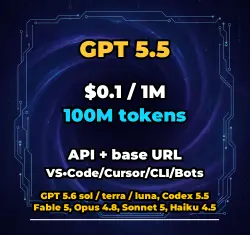 GPT 5.5 | 100M TOKENS | INSTANT DELIVERY 24/7 | API VS•Code/Cursor/CLI/Bots