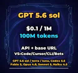 GPT 5.6 sol | 100M TOKENS | INSTANT DELIVERY 24/7 | API VS•Code/Cursor/CLI/Bots