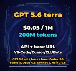GPT 5.6 terra | 200M TOKENS | INSTANT DELIVERY 24/7 | API VS•Code/Cursor/CLI/Bots