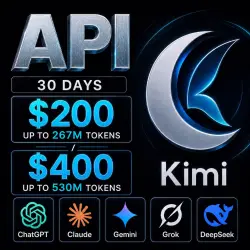 Kimi / Claude / ChatGPT API $200/$400 · up to 267M/530M tokens · 1 month Dashboard