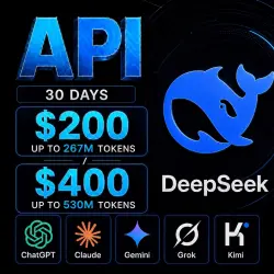 DeepSeek / Claude / ChatGPT API $200/$400 · up to 267M/530M tokens · 1 month Dashboard