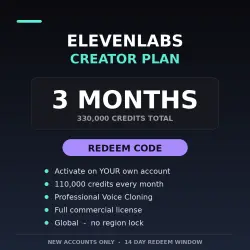 ElevenLabs Creator 3 Months | REDEEM CODE | 330K Credits | Global | New Accounts Only