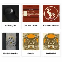 6 items Publishing Hat,High Priestess T-shirt,Cool Cat+Foil,The Seer - Static+Animated Twitch Drop