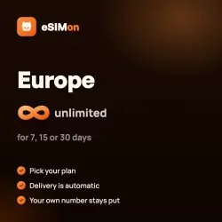 eSIM Europe – unlimited data for 7, 15 or 30 days, automatic delivery